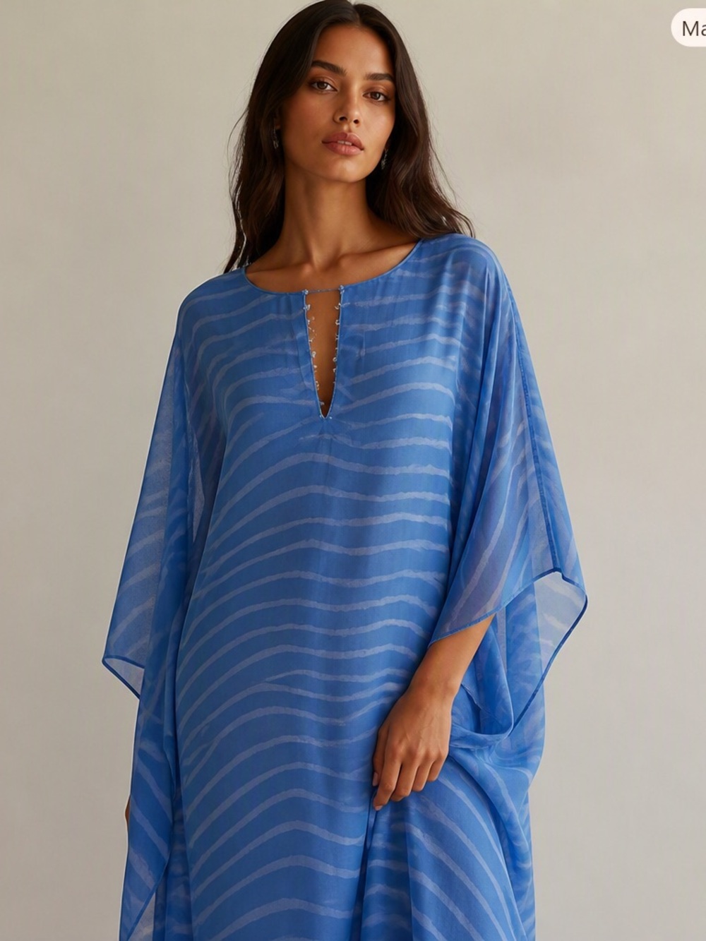 Vintage Oscar de la Renta Sheer Caftan Dress blue wavy pattern beaded neckline
